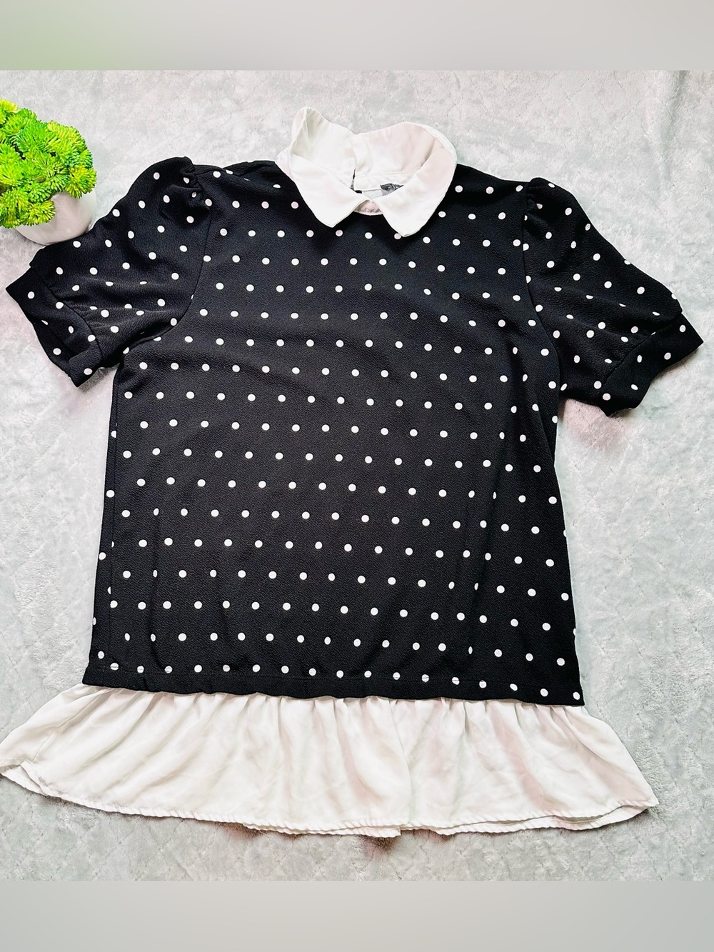Adrianna Papell Black & White Polka Dot Peter Pan Collar Top - Kids